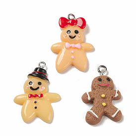 Christmas Opaque Resin Pendants, Gingerbread Man Charms, with Platinum Plated Iron Loops