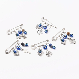 Iron Safety Brooch, with Tibetan Style Alloy Pendants, Gemstone Beads, Resin Beads, Mixed Shapes
