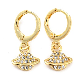 Planet Shape Rack Plating Brass Micro Pave Cubic Zirconia Dangle Leverback Earrings, Long-Lasting Plated, Cadmium Free & Lead Free