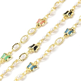 Handmade Eco-friendly Brass Oval & Butterfly Link Chain, with Glass & CCB Beaded, Long-Lasting Plated, Golden, Soldered, with Spool