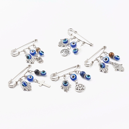 Iron Safety Brooch, with Tibetan Style Alloy Pendants, Gemstone Beads, Resin Beads, Mixed Shapes