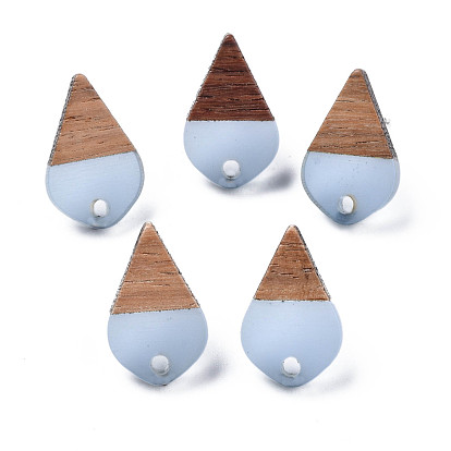 Transparent Resin & Walnut Wood Stud Earring Findings, with 304 Stainless Steel Pin and Hole, Two Tone, Teardrop