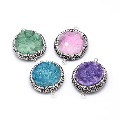 Flat Round Natural Druzy Agate Links Connectors, with Polymer Clay Rhinestone and Platinum Tone Brass Findings, 36~38x26~29x11~16mm, Hole: 2mm