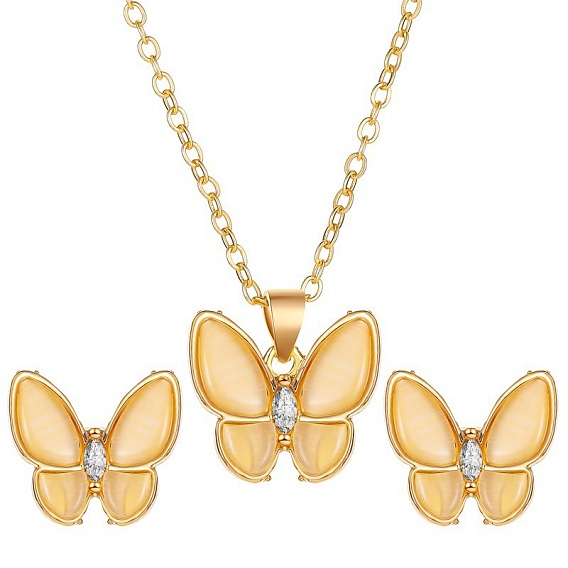 Light Gold Alloy Butterfly Jewelry Set with Glass Rhinestone, Resin Pendant Necklace and Stud Earrings