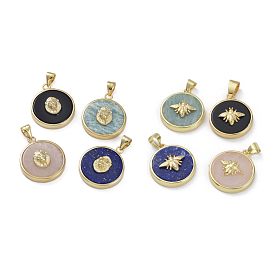Natural Mixed Stone Pendants, with Golden Plated Brass Findings, Flat Round