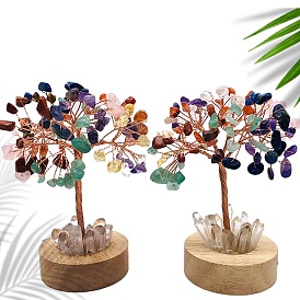 Natural Gemstone Chips Tree Night Light Lamp Decorations, Wooden Base with Copper Wire Feng Shui Energy Stone Gift for Home Desktop Decoration, Lamp with USB Cable