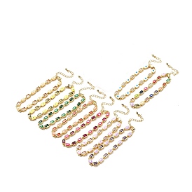 Enamel Evil Eye & Cubic Zirconia Rectangle Link Chain Bracelet, Golden Brass Jewelry for Women