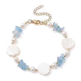 Natural Aquamarine Chips & Shell Pearl Beaded Bracelet
