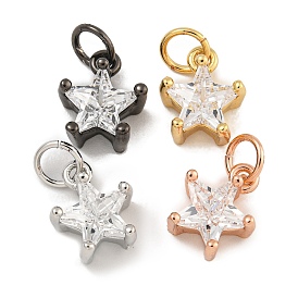 Rack Plating Brass Micro Pave Clear Cubic Zirconia Charms, Lead Free & Cadmium Free, Long-Lasting Plated, Star