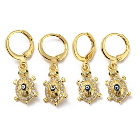 Real 18K Gold Plated Brass Dangle Leverback Earrings, with Enamel and Cubic Zirconia, Tortoise with Evil Eye