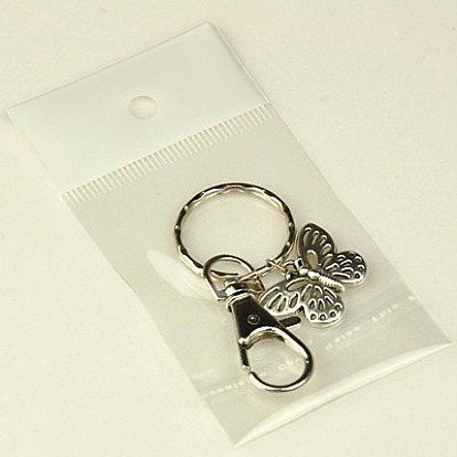Tibetan Style Butterfly Keychain, with Iron Key Clasp Findings and Alloy Swivel Clasps, Platinum, 76mm