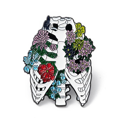 Skeleton with Flower Enamel Pin, Halloween Alloy Brooch for Backpack Clothes, Electrophoresis Black