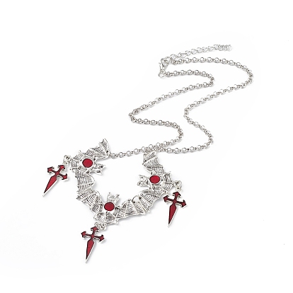 FireBrick Enamel Bat with Cross Pendant Necklace & Dangle Earrings, Halloween Theme Alloy Jewelry Set for Women