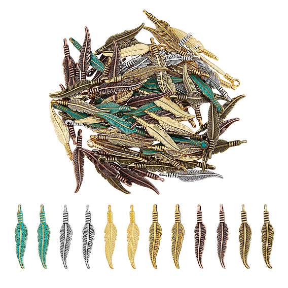 144Pcs 6 Colors Tibetan Style Alloy Pendants, Feather