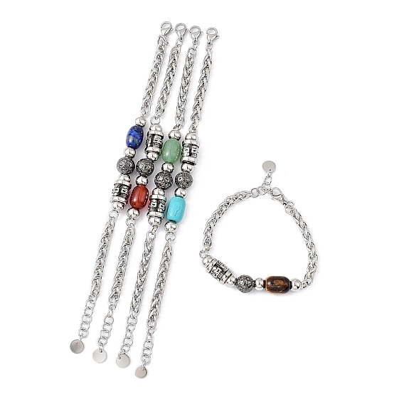 Natural & Synthetic Mixed Gemstone Beaded Link Bracelet, 304 Stainless Steel Skull Jewelry