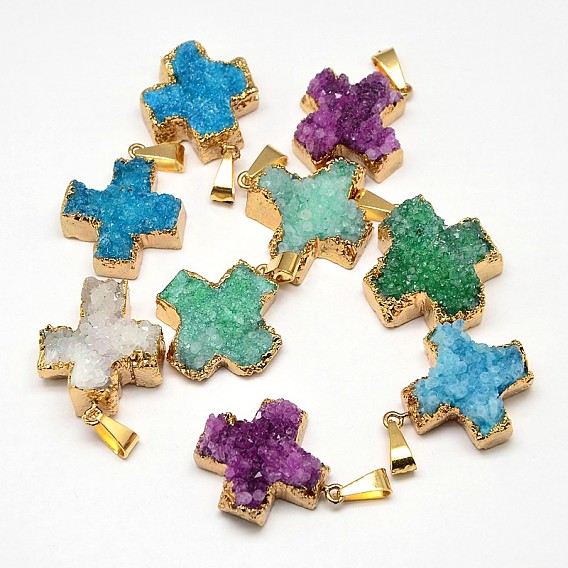 Electroplate Rough Gemstone Natural Druzy Crystal Pendants, with Brass Findings, Golden Plated, Greek Cross, 24~26x24~15x5~15mm, Hole: 4x9mm
