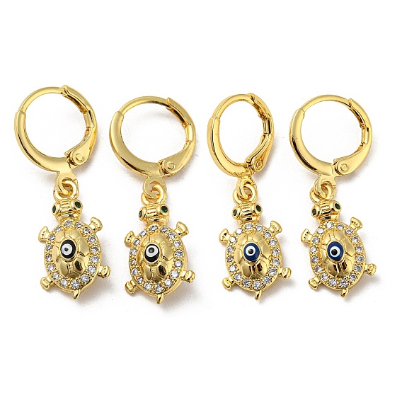 Golden Brass Dangle Leverback Earrings, with Enamel and Cubic Zirconia, Tortoise with Evil Eye