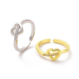Clear Cubic Zirconia Heart Open Cuff Ring, Brass Jewelry for Valentine's Day