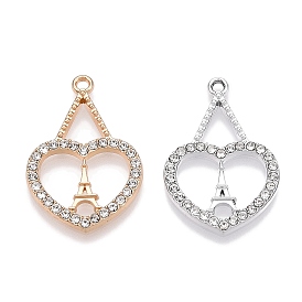 Rack Plating Alloy Pendants, with Rhinestone, Heart with Eiffel Tower