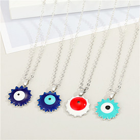Fashionable Devil Eye Necklace with Sunflower Pendant for Sweater, Unique Eyeball Charm Jewelry