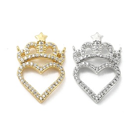 Brass Micro Pave Clear Cubic Zirconia Connector Charms, Heart Links with Crown