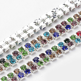 Brass Rhinestone Strass Chains, with Spool, Two Rows Rhinestone Cup Chains, Silver Color Plated