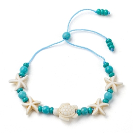 Turtle & Starfish Dyed Synthetic Turquoise Slider Bracelets, Summer Beach Adjustable Nylon Cord Bracelets for Women Men