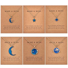6Pcs Blue Moon Pendant Necklace, Adjustable Alloy Enamel Blue Star Planet Cat Dangle Charms Necklace Gifts for Women Lovers Christmas Birthday