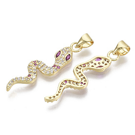 Brass Micro Pave Cubic Zirconia Pendants, with Brass Snap On Bails, Nickel Free, Snake, Clear & Camellia