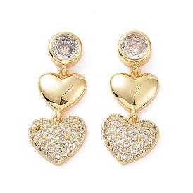 Clear Cubic Zirconia Double Heart Dangle Stud Earrings, Brass Jewelry for Women