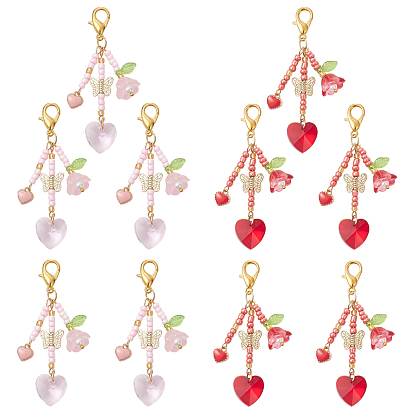 10Pcs 2 Styles Glass Seed Beaded Pendant Decorations, with Zinc Alloy Lobster Claw Clasps, Heart & Flower & Butterfly