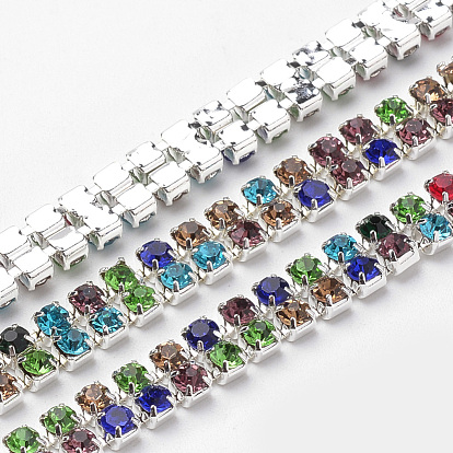 Brass Rhinestone Strass Chains, with Spool, Two Rows Rhinestone Cup Chains, Silver Color Plated
