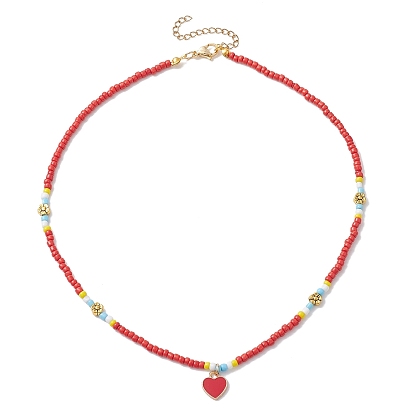 Collier pendentif coeur en alliage émaillé avec perles de graines de verre
