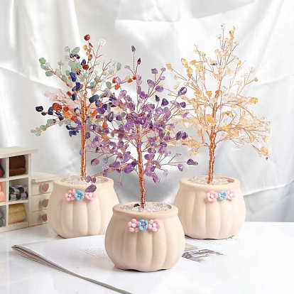 Natural Gemstone Chips Tree Decorations, Copper Wire Feng Shui Energy Stone Gift for Home Desktop Decoration