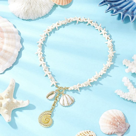 Синтетические бирюзовые бусины в форме морской звезды, регулируемые ожерелья, ожерелья с подвесками из латуни и гальванизированных натуральных ракушек, золотые