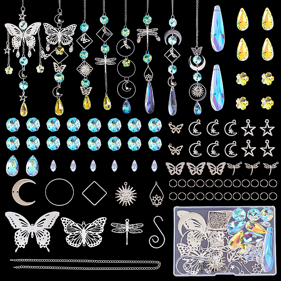 Наборы для изготовления подвесных ловцов солнца в виде стрекоз и бабочек своими руками, включая подвески-соединители из нержавеющей стали, стеклянные подвески, Стеклянные бусины, железные застежки с крючками