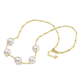 Rack Plating Brass & ABS Plastic Pearl Round Beads Bib Necklaces for Women, Cadmium Free & Lead Free, Long-Lasting Plated