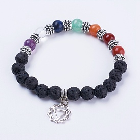 Natural Gemstone Stretch Bracelets, with Alloy Findings and Brass Pendants, Flower