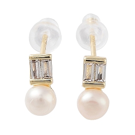 Natural Pearl & Glass Rectangle Stud Earrings, Brass Earrings with 925 Sterling Silver Pins
