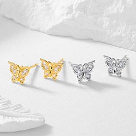 S925 Sterling Silver Clear Cubic Zirconia Stud Earrings, Butterfly