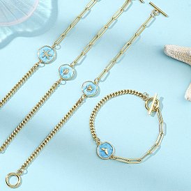Браслеты из латуни с эмалью и морской тематикой., латунные цепочки-скрепки и панцирные браслеты для женщин, плоская круглая форма с рыбьим хвостом/морской звездой/ракушкой/черепахой
