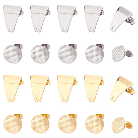 24Pcs Flat Round & Trapezoid 304 Stainless Steel Stud Earring Findings, with Loop