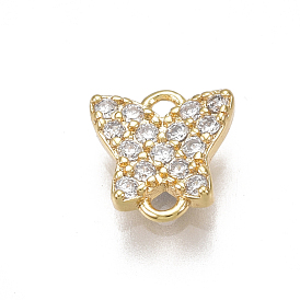 Brass Micro Pave Cubic Zirconia Links, Nickel Free, Real 18K Gold Plated, Butterfly, Clear