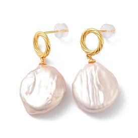 Flat Round Natural Pearl Stud Earrings for Women, Sterling Silver Dangle Earrings