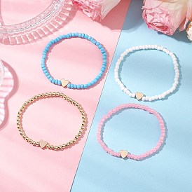 4Pcs Glass Beaded Stretch Bracelets for Women, with Heart Synthetic Hematite Beads