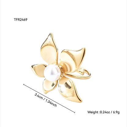 304 Открытые кольца-манжеты из нержавеющей стали с пластиковыми жемчужинами для женщин, цветок