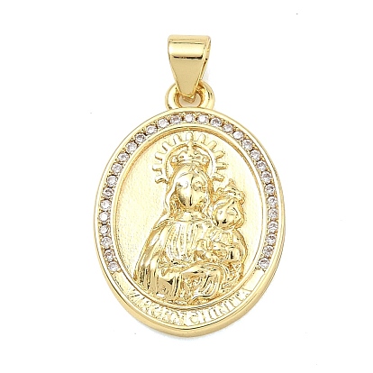 Brass Micro Pave Clear Cubic Zirconia Pendants, Oval with Virgin Mary Charms, Rack Plating, Long-Lasting Plated, Cadmium Free & Lead Free