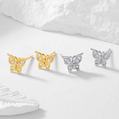 S925 Sterling Silver Clear Cubic Zirconia Stud Earrings, Butterfly