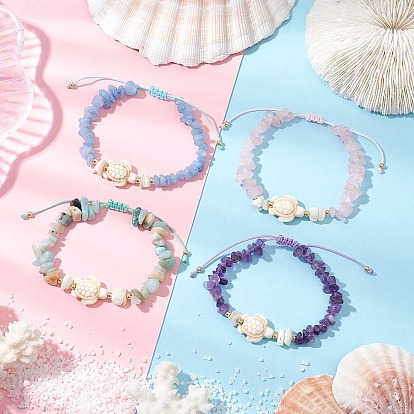 4шт. браслеты из плетеных бусин с натуральными драгоценными камнями, регулируемые плетеные браслеты из синтетической бирюзы и натуральных ракушек, с нейлоновой нитью