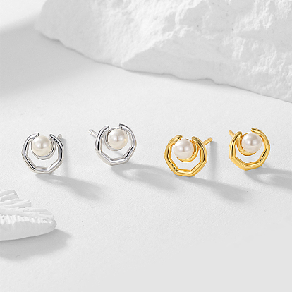 S925 Sterling Silver Round Stud Earrings, with Imitation Pearl